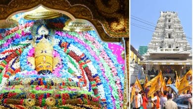 हैदराबाद के काचीगुड़ा श्री श्याम मंदिर में भक्तों की भीड़ और भव्य सजावट के बीच निशान यात्रा का दृश्य।