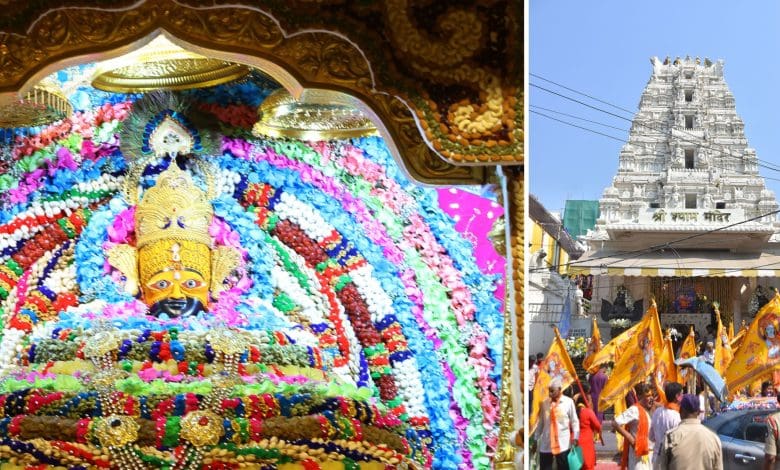 हैदराबाद के काचीगुड़ा श्री श्याम मंदिर में भक्तों की भीड़ और भव्य सजावट के बीच निशान यात्रा का दृश्य।