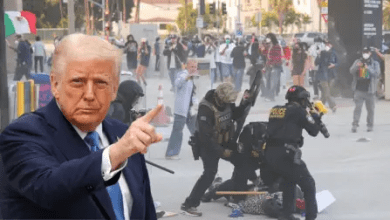 लॉस एंजिलिस में प्रदर्शनकारी राजमार्ग पर आगजनी करते हुए