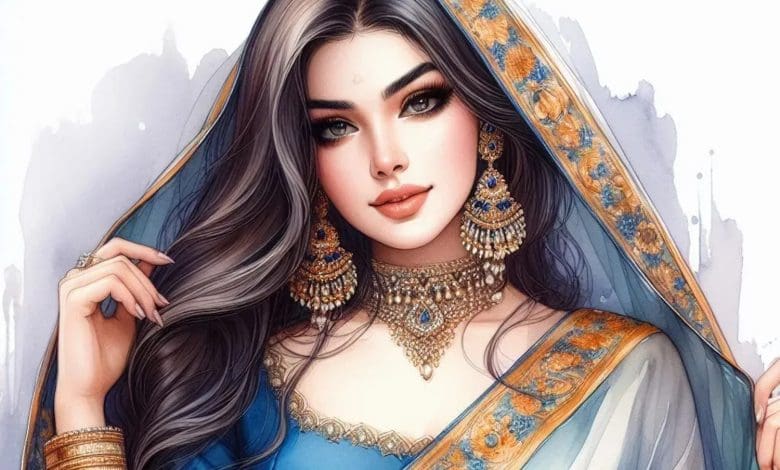 प्रकृति की गोद में खड़ी एक पारंपरिक भारतीय नारी, प्रेम और उजास का प्रतीक