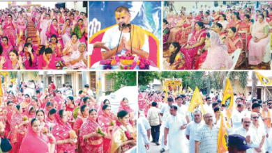 तांडूर में शिव महारापुराण कथा के शुभारंभ पर निकाली गई भव्य कलश यात्रा का दृश्य