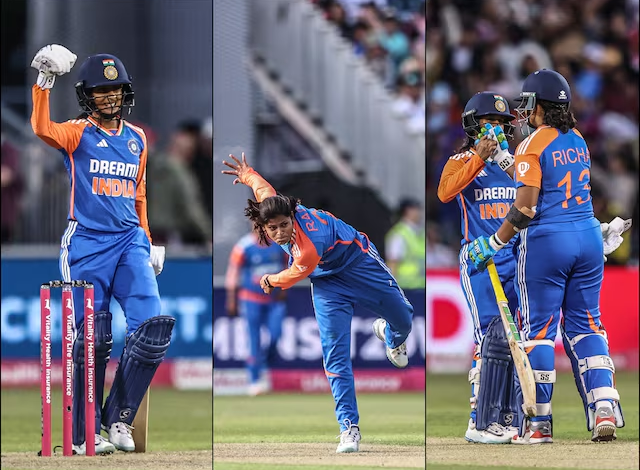 भारतीय महिला क्रिकेट टीम इंग्लैंड में ऐतिहासिक जीत के बाद जश्न मनाती हुई