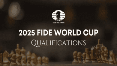 भारत में 2025 FIDE शतरंज विश्व कप का लोगो और शतरंज खिलाड़ी का प्रतीक