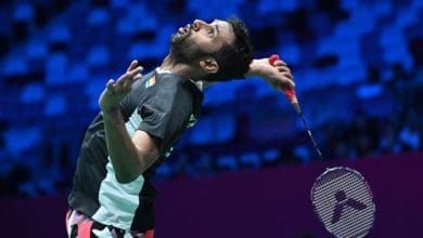 एच.एस. प्रणय चाइना ओपन 2025 में मैच जीतने के बाद जश्न मनाते हुए