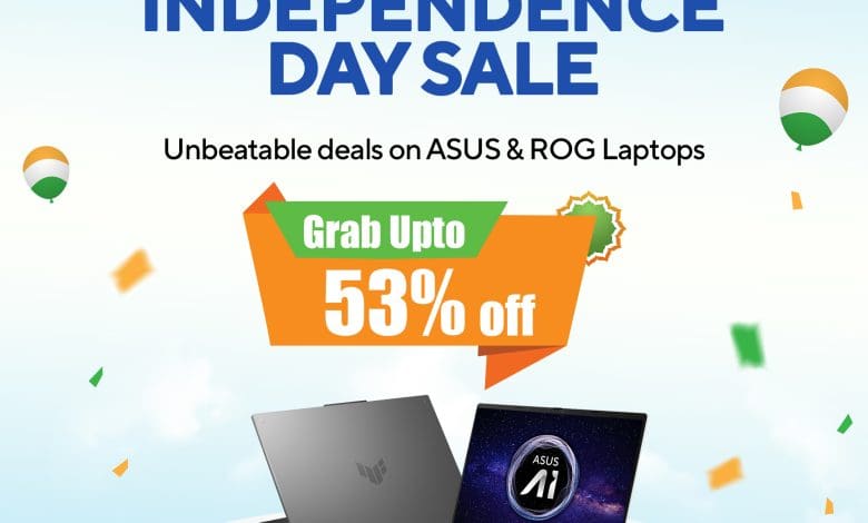 आसूस स्वतंत्रता दिवस 2025 सेल का बैनर जिसमें 53% तक की छूट दिखाई गई है