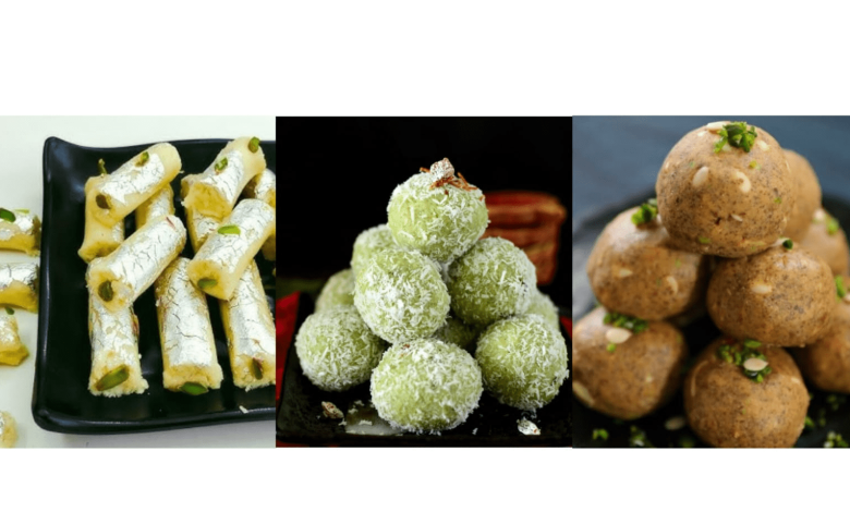 पान कोकोनट, काजू-मावा और सत्तू लड्डू का प्लेट में सजाया हुआ फोटो