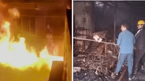 आर्ट स्टूडियो में आग लगने के बाद धुआं और राहत कार्य का दृश्य