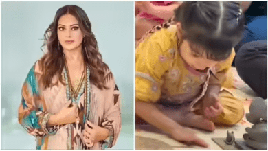 बिपाशा बसु की बेटी देवी गणेश चतुर्थी पर गणपति प्रतिमा बनाती हुई