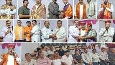 नागारम स्थित बालाजी बैंक्वेट हॉल में आयोजित पर्यावरण, वन एवं जलवायु संवर्धन परिषद हैदराबाद काउंसिल के चेयरमैन जामताराम चौधरी एवं वाइस चेयरमैन अनिल जैन के सम्मान समारोह का दृश्य।