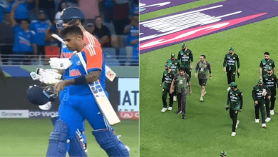 सूर्यकुमार यादव और भारतीय टीम द्वारा पाकिस्तान खिलाड़ियों से हाथ न मिलाने के बाद एशिया कप मैदान का फोटो