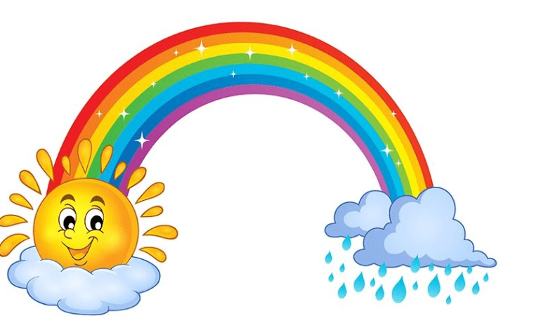 बारिश के बाद आसमान में सतरंगी इंद्रधनुष का सुंदर दृश्य