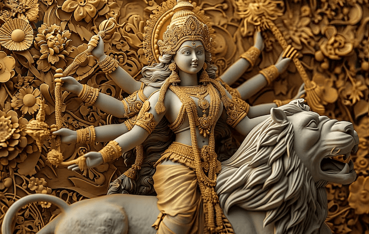 शारदीय नवरात्रि में घट स्थापना और मां दुर्गा की पूजा करते भक्त