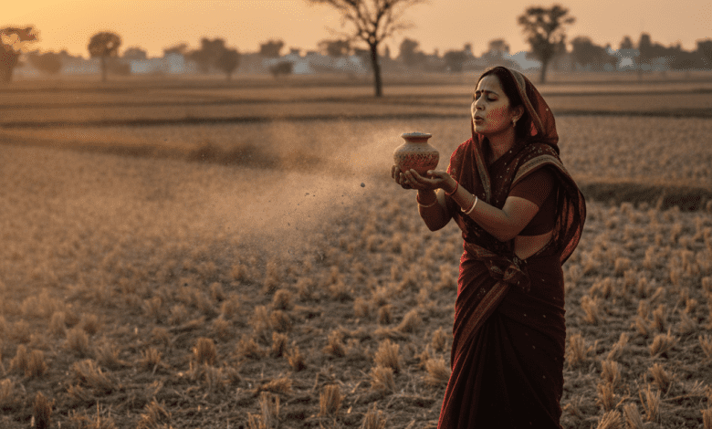 खेत के किनारे खड़ी महिला, राख़ को हवा में उड़ाते हुए