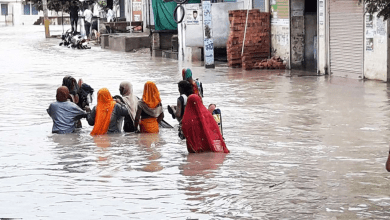 राजस्थान में भारी बारिश के बाद जलभराव से सड़क और रेल यातायात बाधित होने का दृश्य।