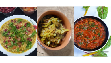 जैन परवल की सब्जी, कच्चे टमाटर की सब्जी और रगड़ा पेटिस की प्लेट