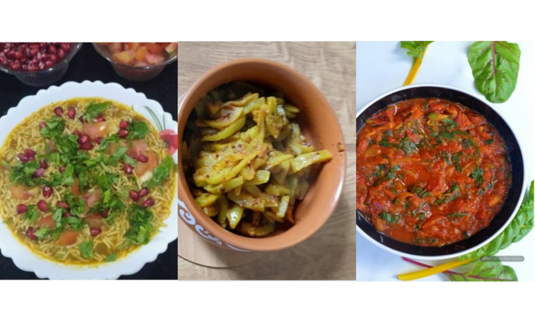 जैन परवल की सब्जी, कच्चे टमाटर की सब्जी और रगड़ा पेटिस की प्लेट