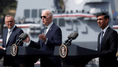 AUKUS समझौते की प्रेस कॉन्फ्रेंस में अमेरिका-यूके-ऑस्ट्रेलिया प्रतिनिधि