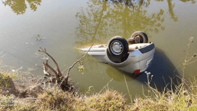 टायर फटने से कार तालाब में गिरी