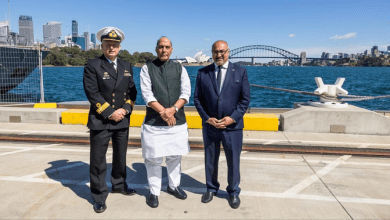 राजनाथ सिंह सिडनी रक्षा उद्योग सम्मेलन में भारत-ऑस्ट्रेलिया साझेदारी पर बोलते हुए