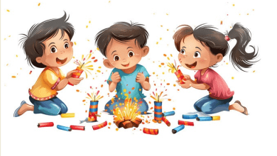 दीपावली पर बच्चों द्वारा दीये जलाते हुए और मिठाई खाते हुए