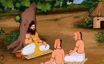 आचार्य आत्रेय और अग्निवेश आत्मा व मुक्ति पर संवाद करते हुए