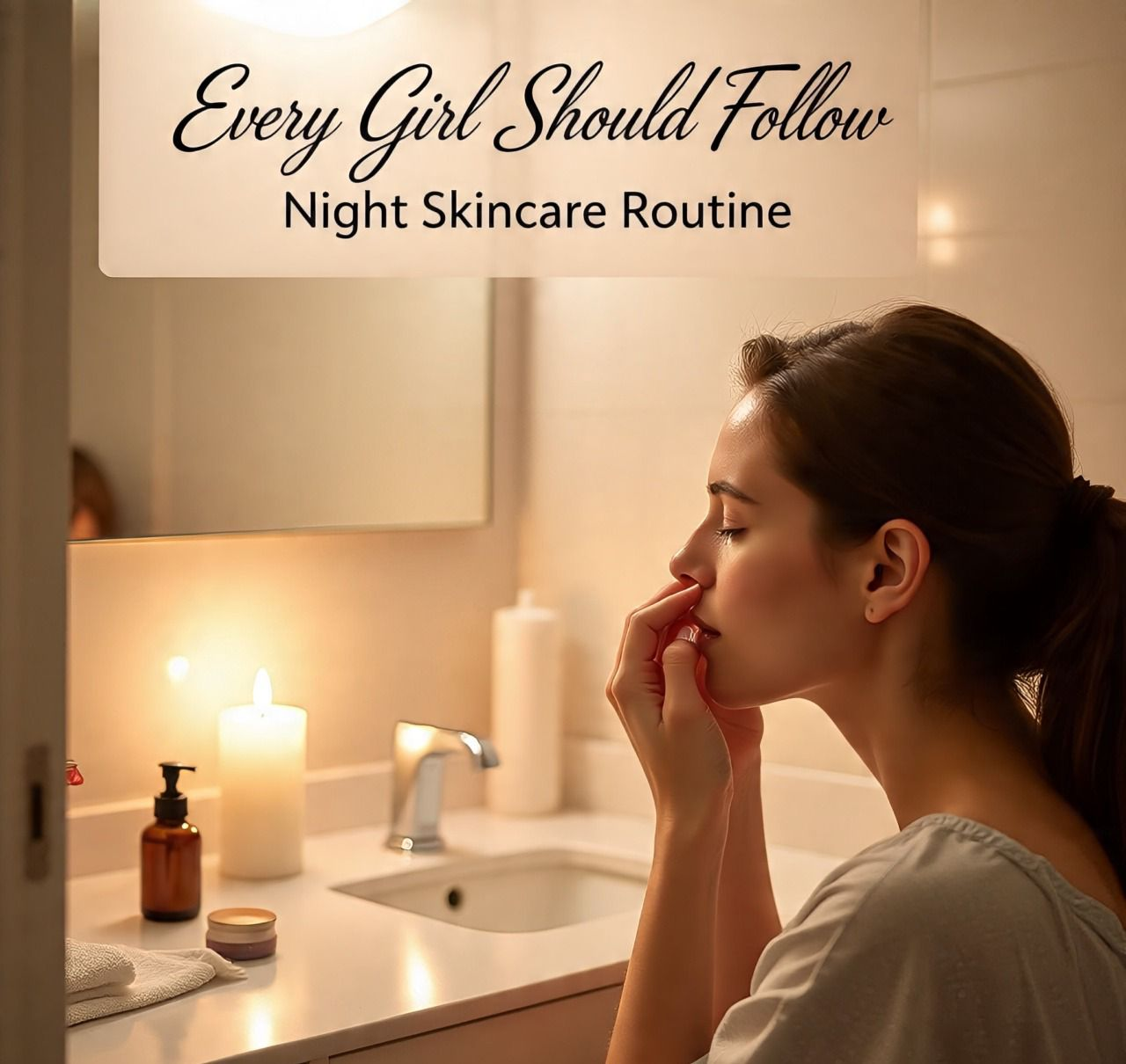 रात में चेहरे की देखभाल करती युवती की स्किन केयर रूटीन