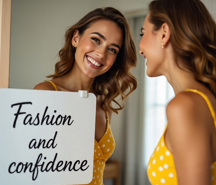 महिला खुश और आत्मविश्वासी, सही आउटफिट पहनकर