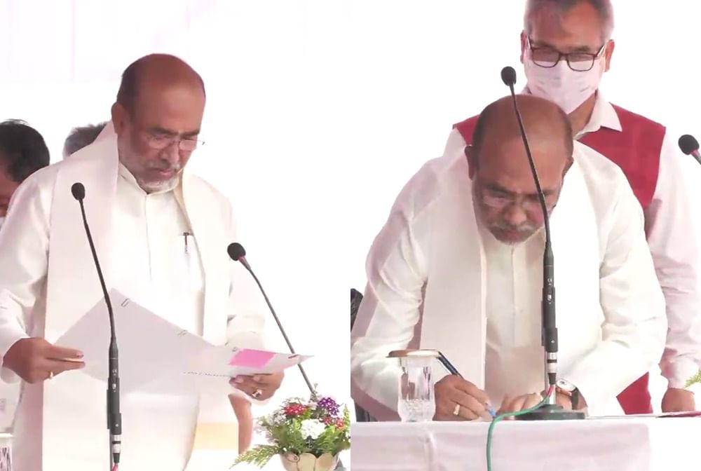 इंफाल में मुख्यमंत्री पद की शपथ लेते वाई. खेमचंद सिंह