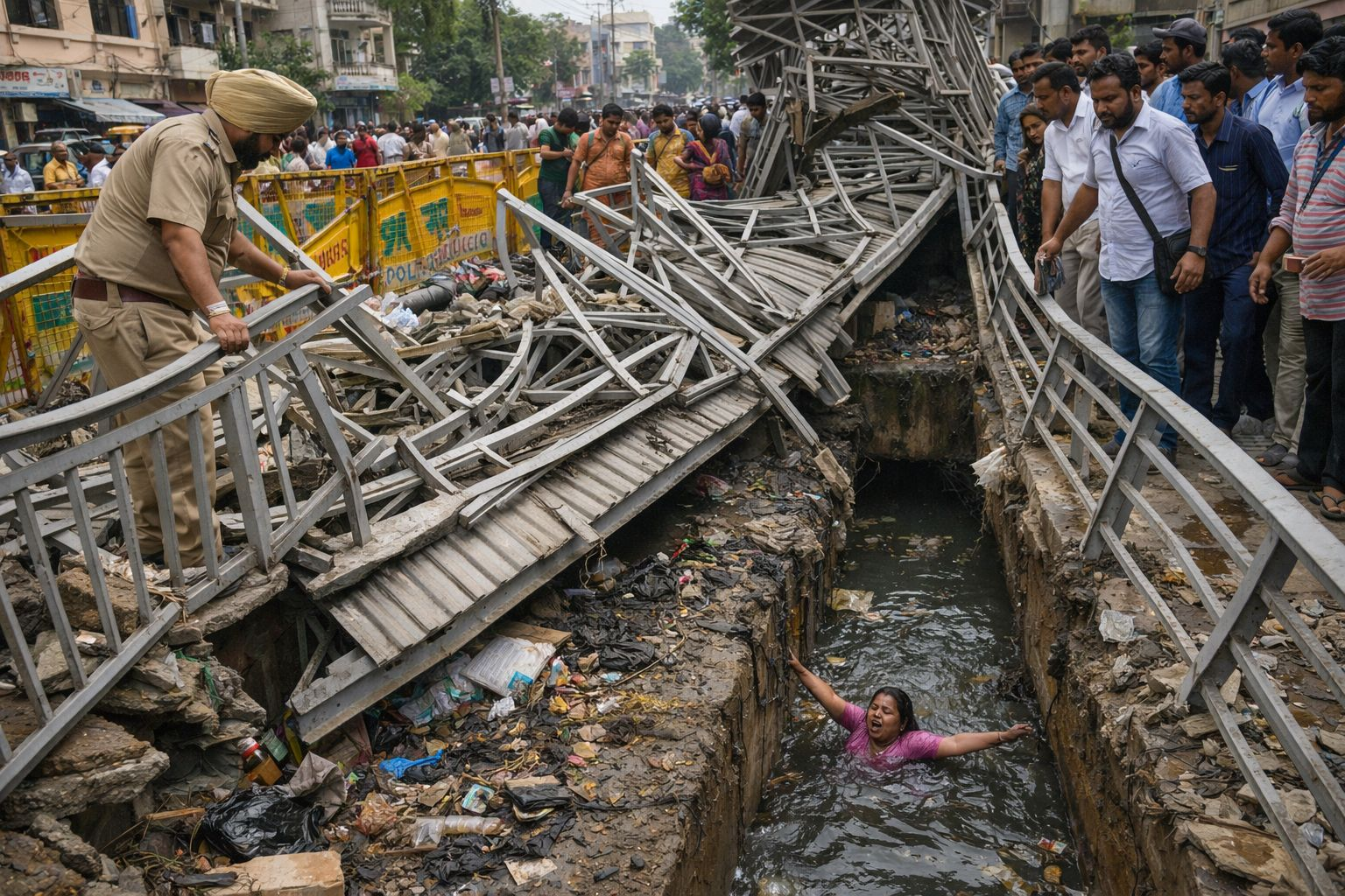 दिल्ली में ढहे फुट ओवरब्रिज का दृश्य