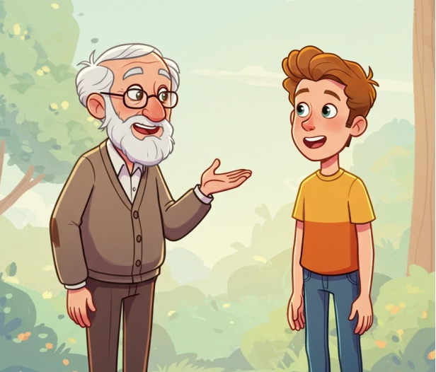 बुज़ुर्ग व्यक्ति आम के पौधे को पानी देते हुए