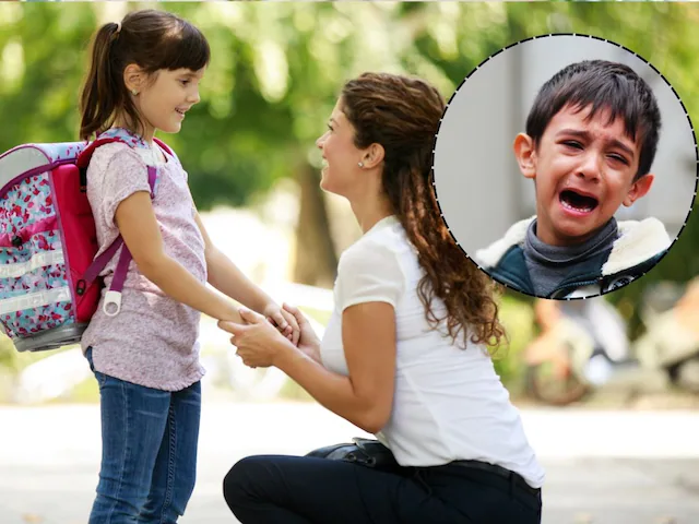 प्रीस्कूल में रोता हुआ छोटा बच्चा