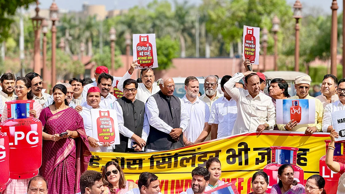 एलपीजी संकट पर संसद परिसर में विपक्ष का प्रदर्शन