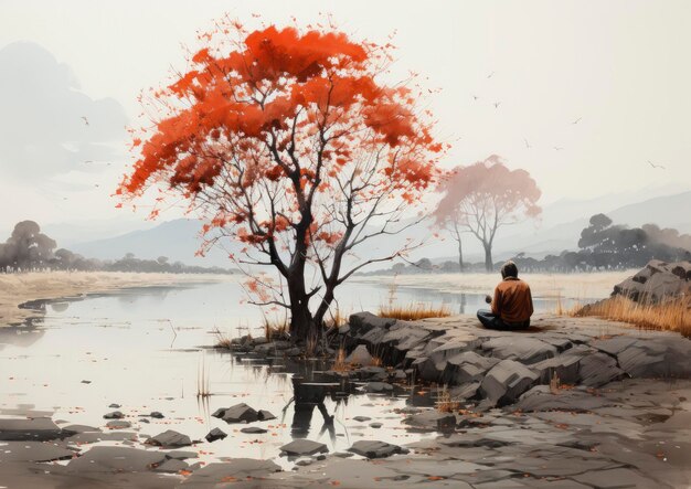 पेड़ की छांव में बैठा व्यक्ति जीवन पर विचार करता हुआ