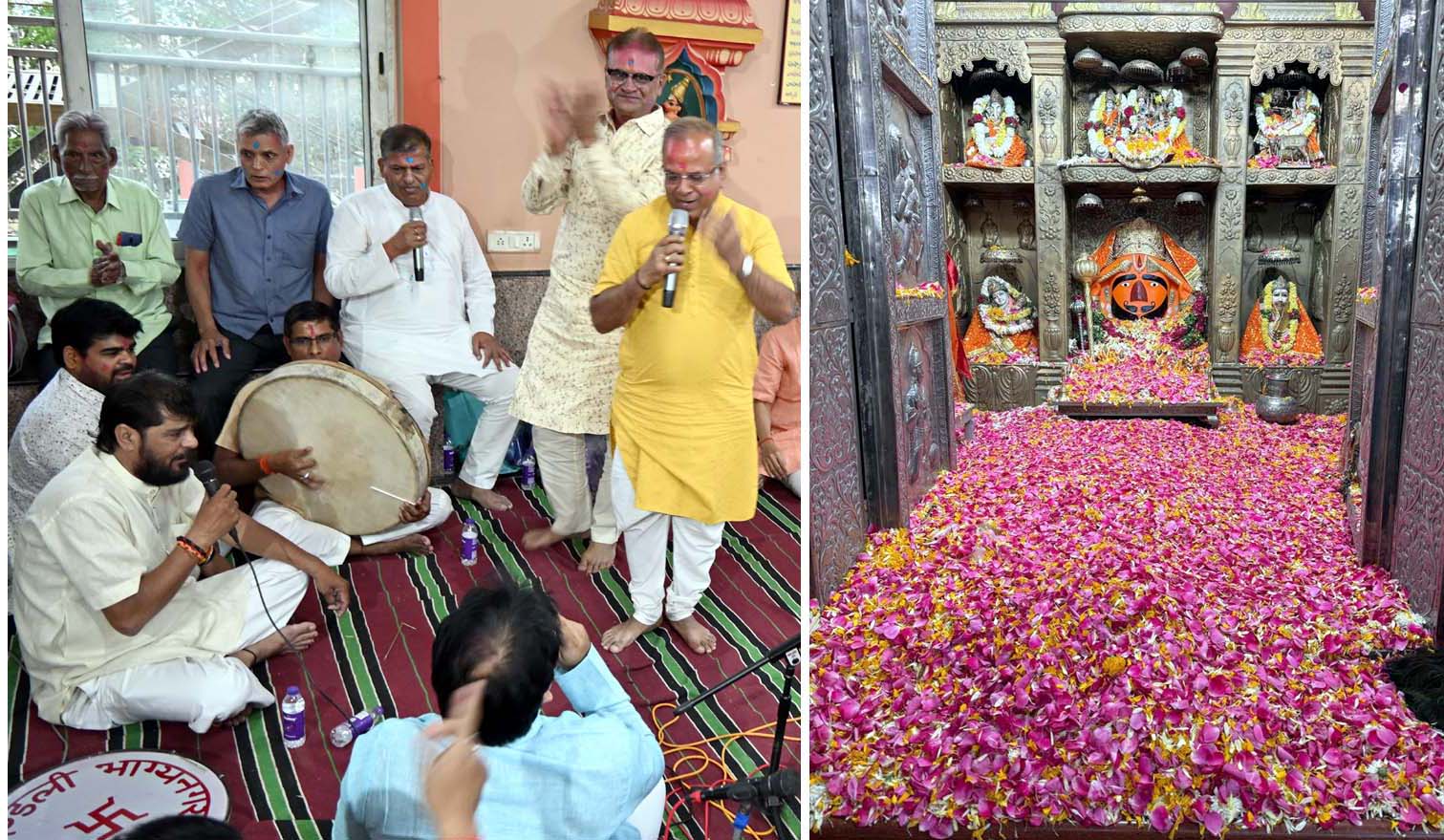 भक्तों के साथ मंदिर में होली उत्सव का आनंद