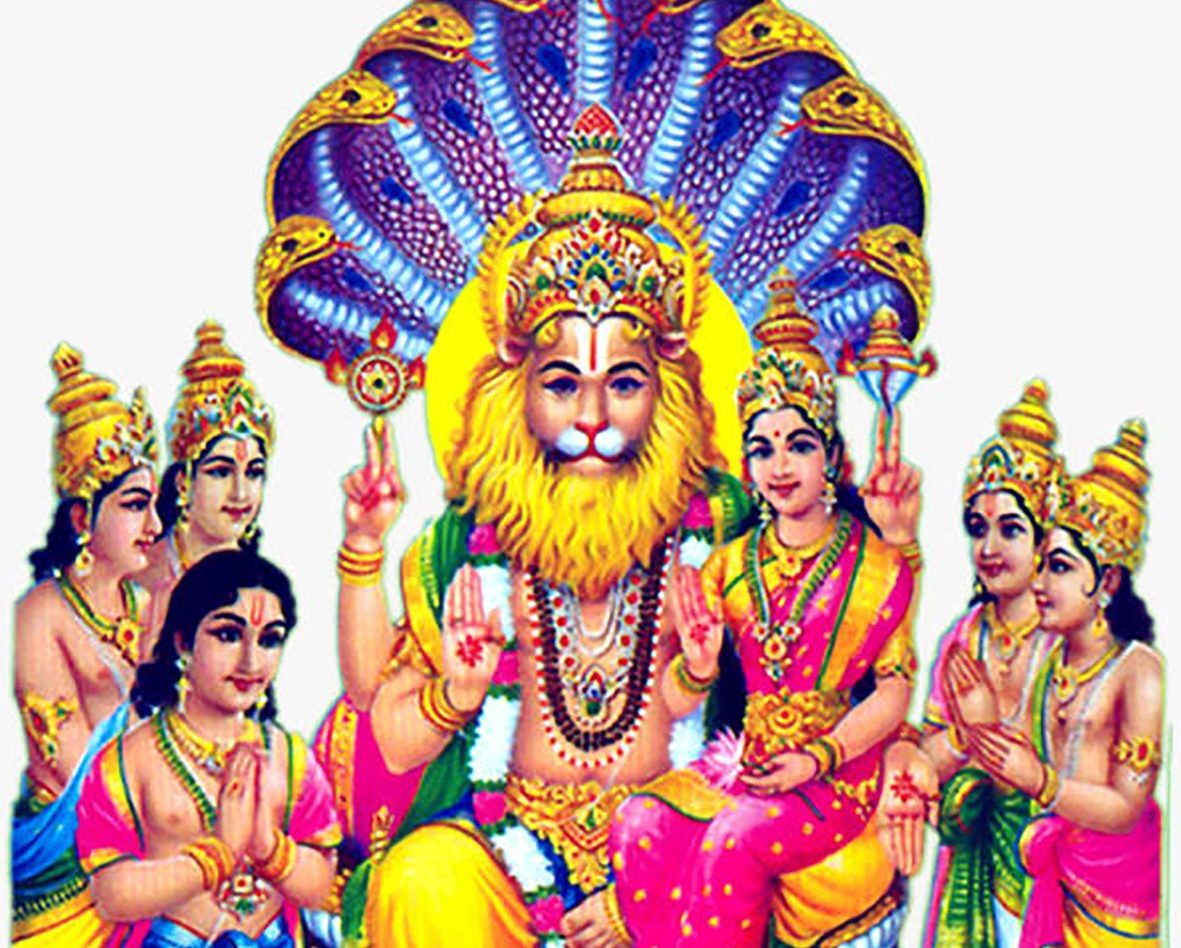 भगवान नरसिंह का भक्त प्रह्लाद की रक्षा करते चित्र